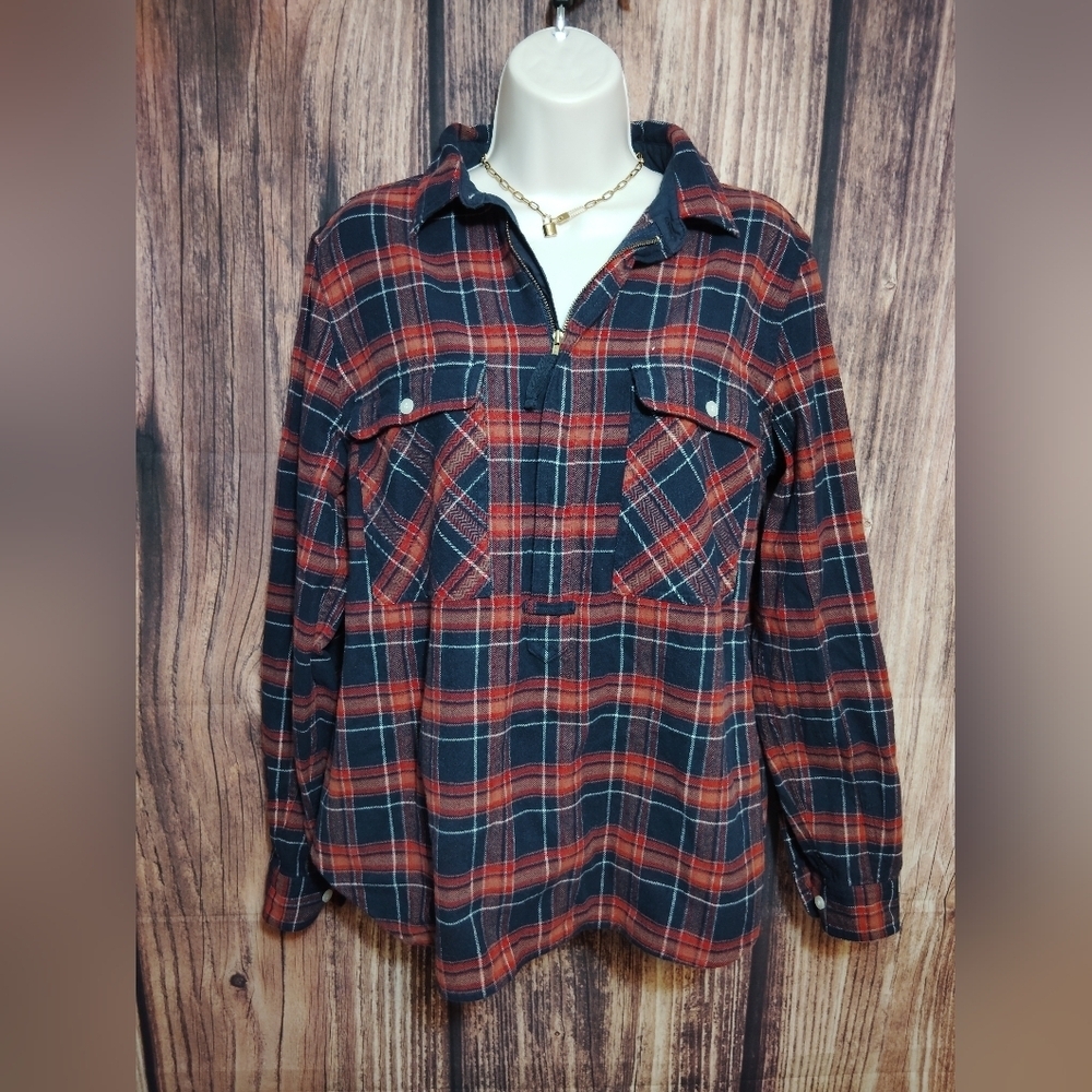 J. Crew Navy and Orange Plaid Shirt Women's Size Small!